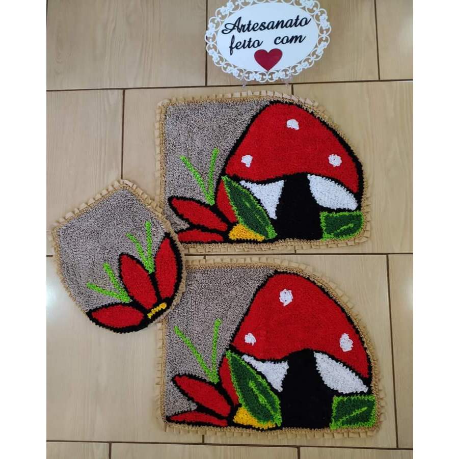 Jogo De Tapete Banheiro 3 Peças Frufru cogumelo