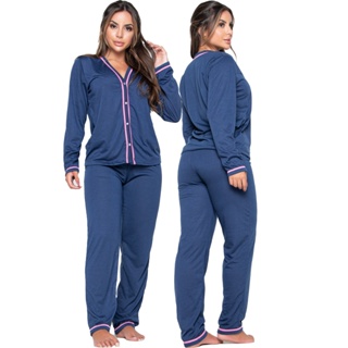 Pijama Longo Feminino Americano com Abertura e Detalhe Camisaria Amamentação Inverno 046 em Oferta na Shopee