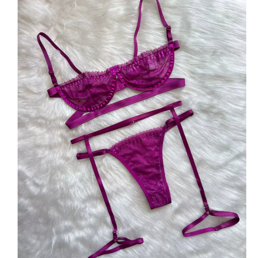 Lingerie Feminina Kit Conjunto Gringa Sexy Sutiã Meia Taça Com Aro + Calcinha Regulagem + Cinta Liga