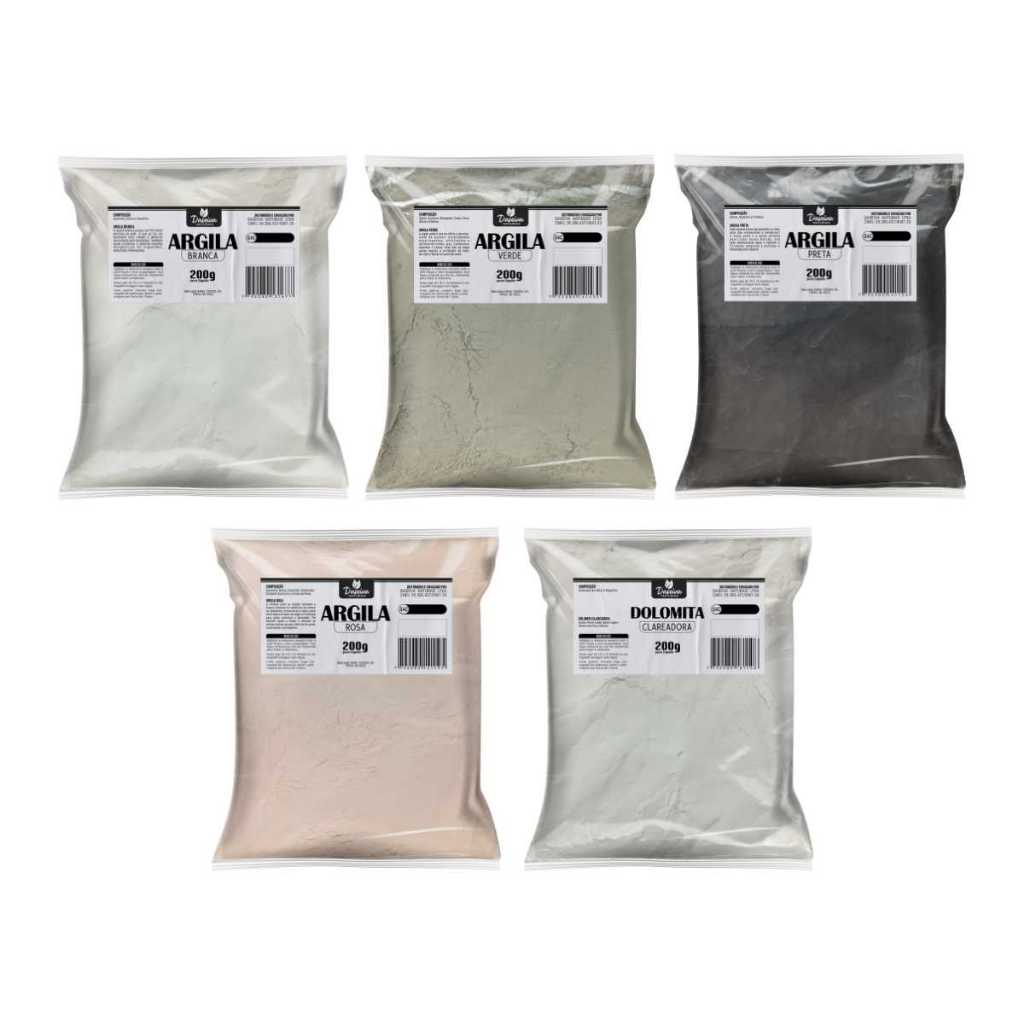 Kit 5 Argilas de 200g (Verde, Rosa, Branca, Preta e dolomita) para máscara facial skin care em Oferta na Shopee