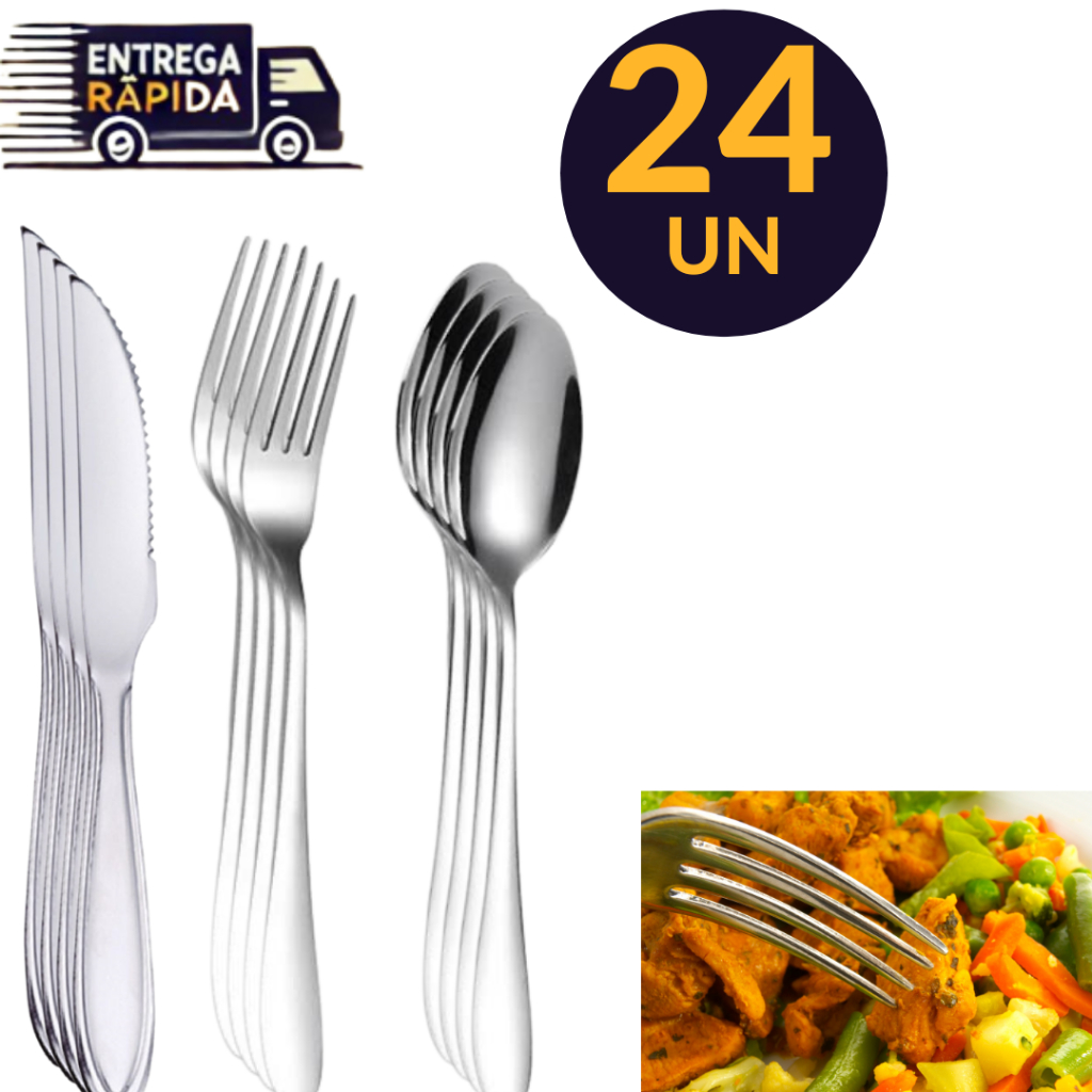 KIT 24 TALHERES EM AÇO INOX - SENDO GARFO, FACA E COLHER - IDEAL PARA SEU RESTAURANTE, BAR E SUA CASA