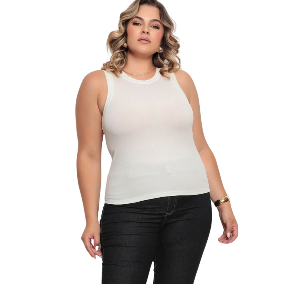 Blusa feminina básica regata nadador plus size tecido ribana canelado gola redonda careca alça larga tendência outono
