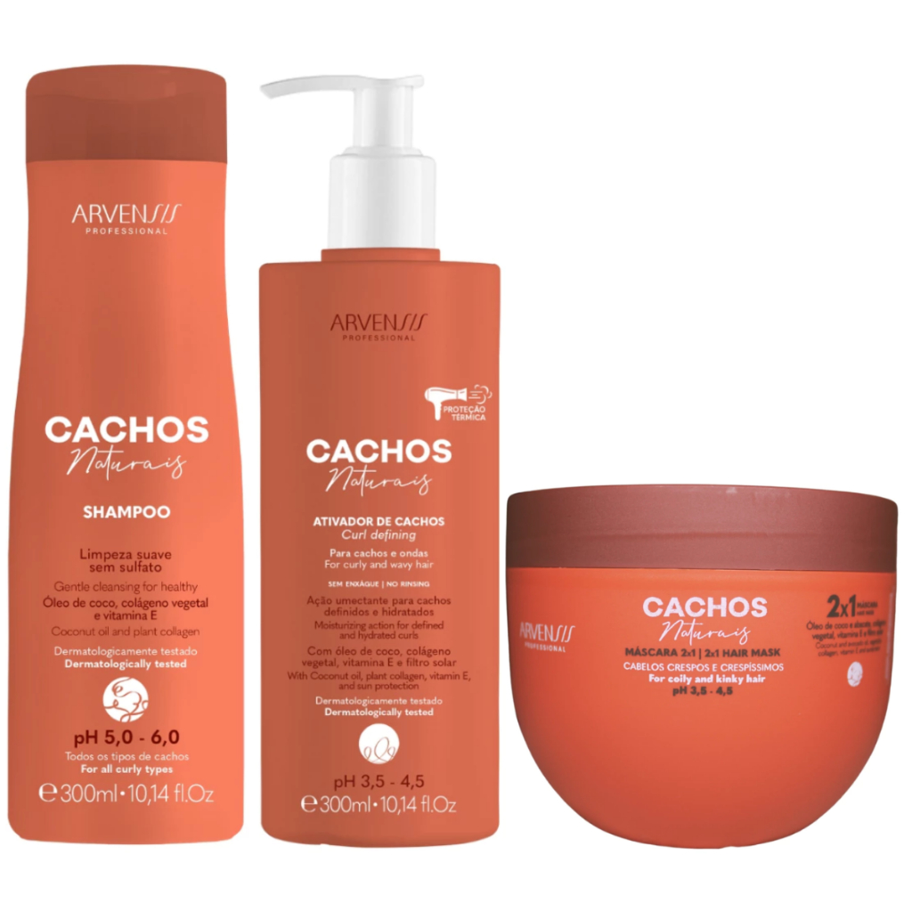 Kit Arvensis Cachos - Shampoo, Ativador e Máscara 2 em 1 para Cabelos Cacheados e Ondulados