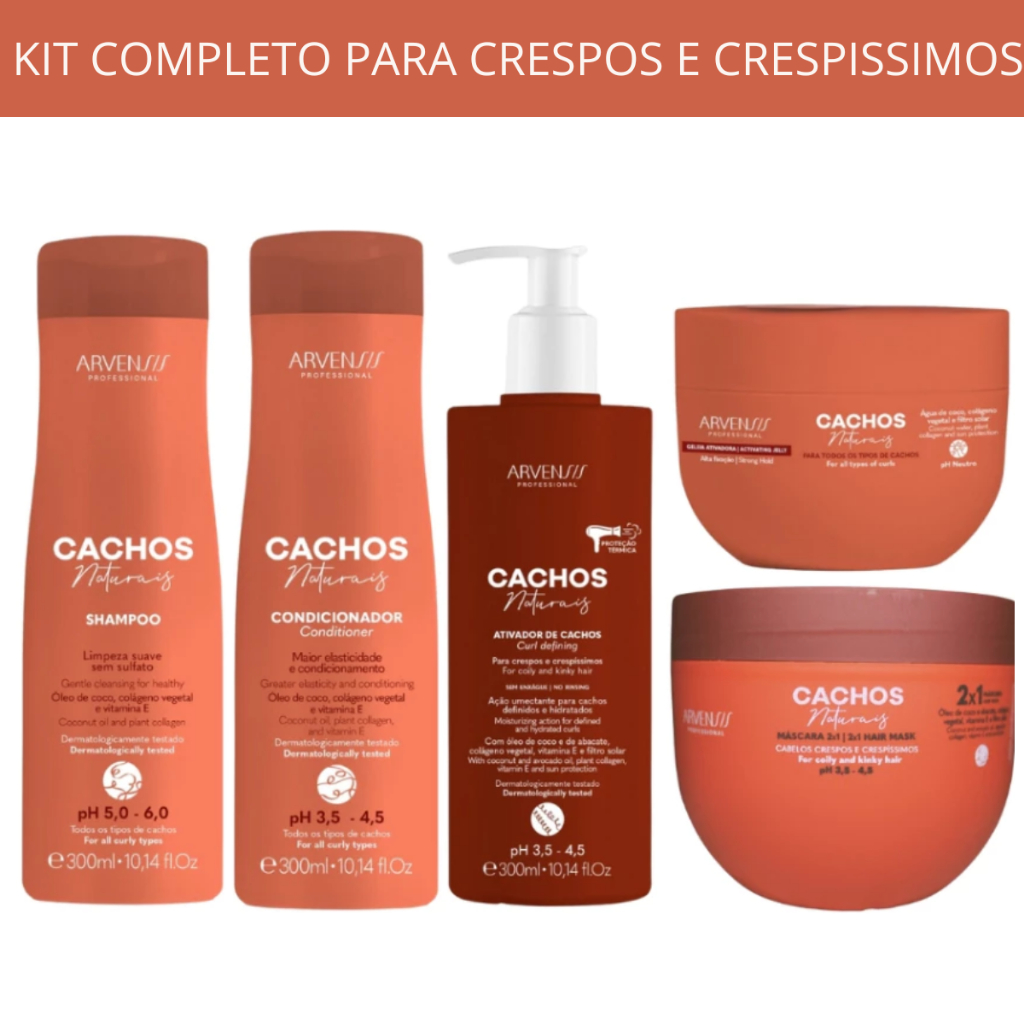 Kit Cachos Arvensis: Shampoo + Condicionador + Ativador Crespos + Máscara 2x1 + Geleia Alta Fixação em Oferta na Shopee