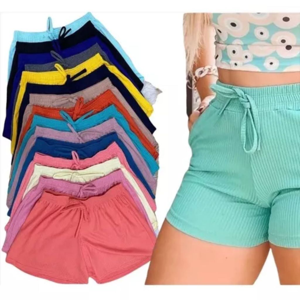 Kit 5 Shorts Feminino Malha Canelada Cintura Alta com Elástico em Oferta na Shopee