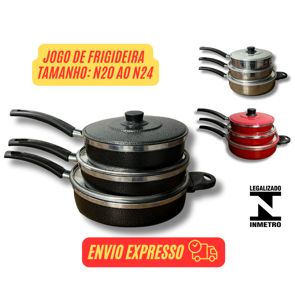 kit frigideira com tampa jogo de frigideira alumínio, preta e vermelha funda. grande pequena e media
