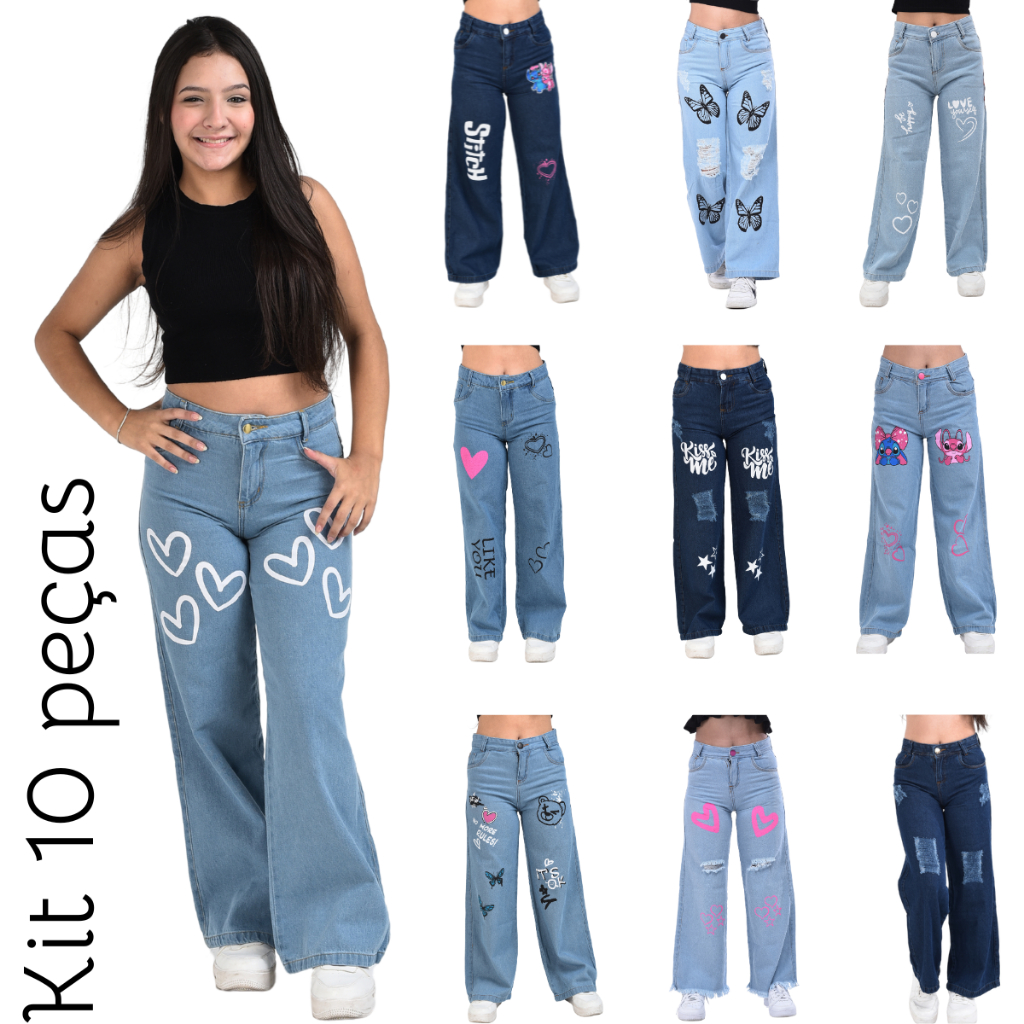 Kit 10 Calça Wide Leg Jeans Menina Infantil Juvenil Para Revenda