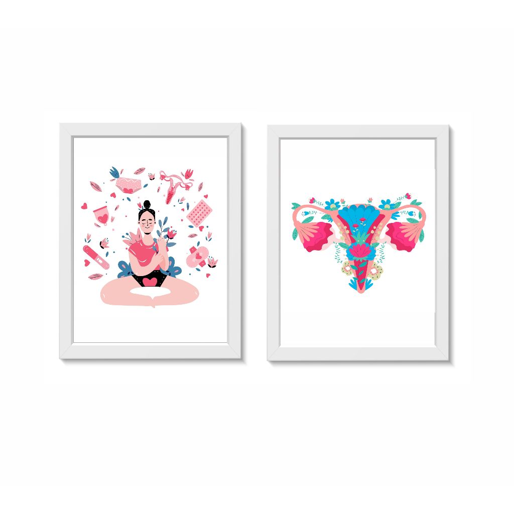 Kit 2 Quadros Decorativos Ginecologia Ciclo Menstrual Medicina Molduras 20x30cm Madeira Brancas