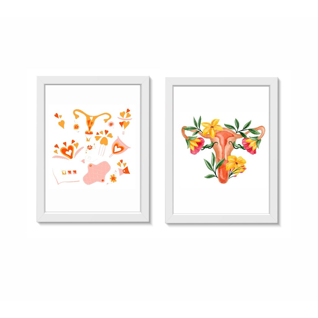 Kit 2 Quadros Decorativos Ginecologia Ciclo Menstrual Consultório Molduras 20x30cm Madeira Brancas