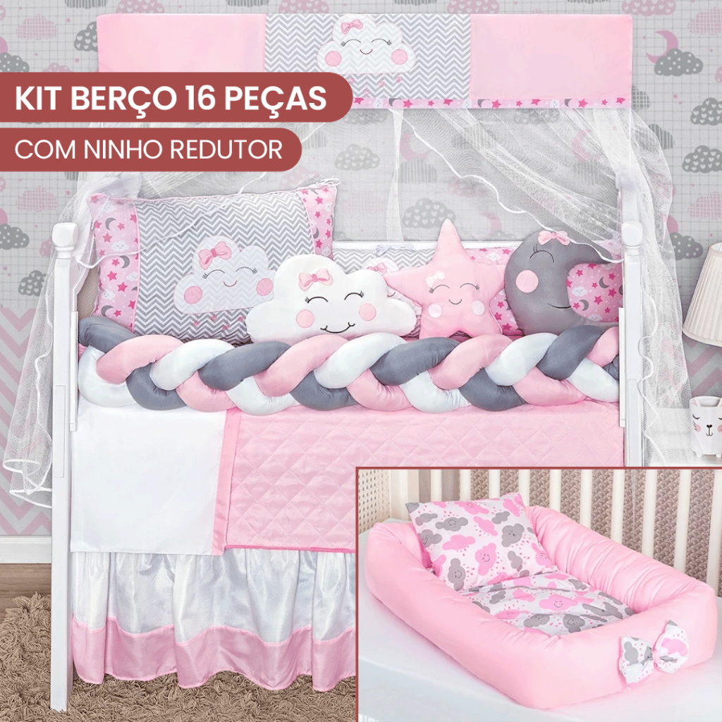 Kit Berço Americano Nacional 16 Peças Com Ninho Redutor Para Bebê