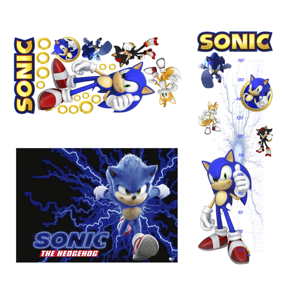 Kit Decoração Sonic Tapete de Lona Grande, 6 Adesivos para decoração de parede e Régua de Crescimento
