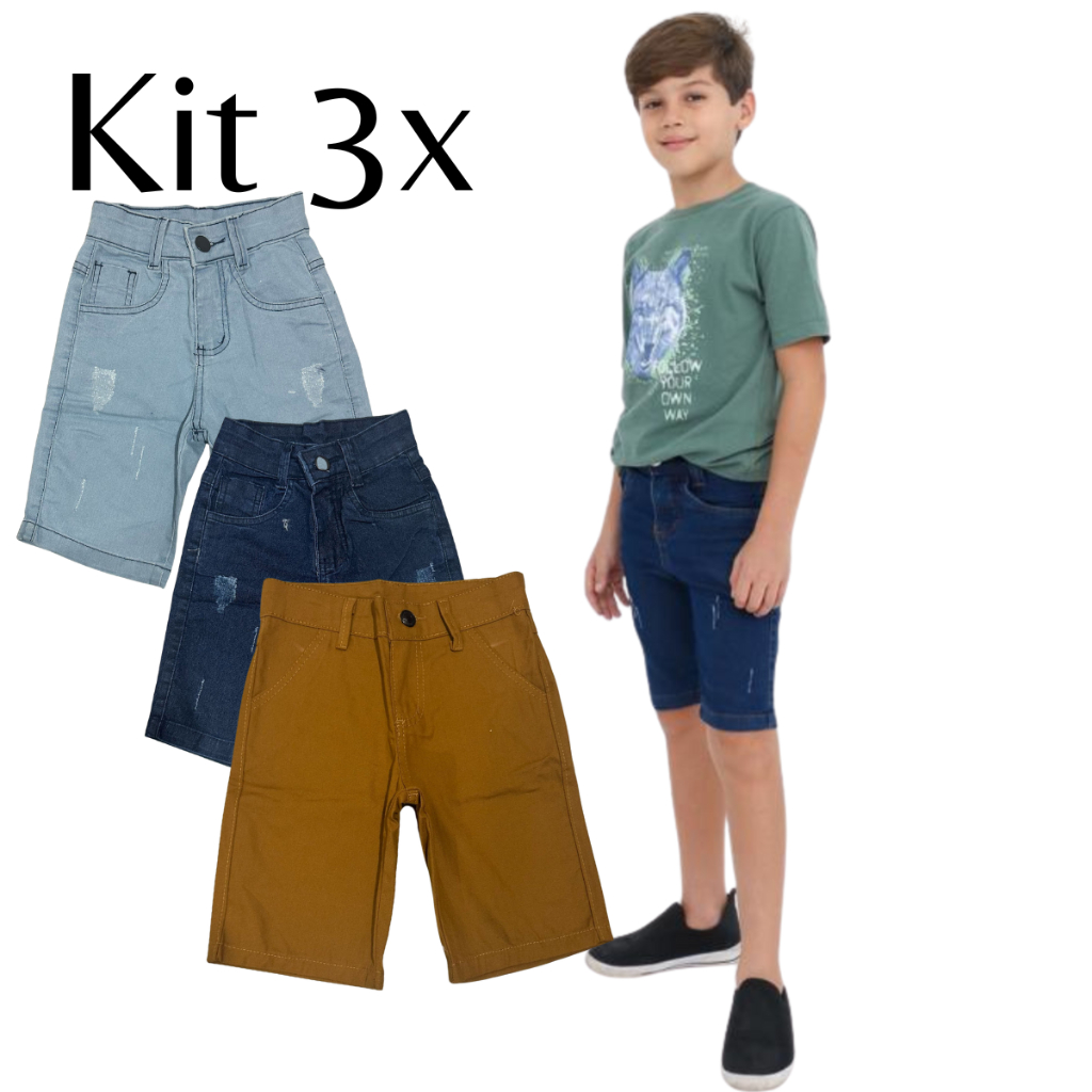 Kit 3 Bermudas Jeans Masculinas Infantil short menino Juvenil