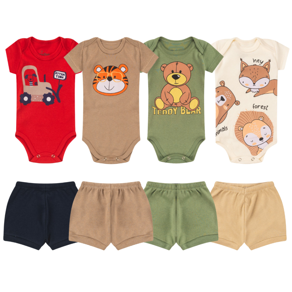 Kit 6 Peças para Bebês Kit 3 Conjunto Body Manga Curta Estampados e Shorts para Bebê Menino e Menina 100% algodao