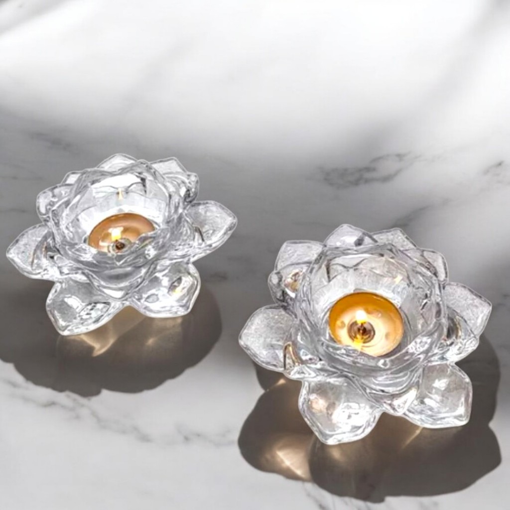 Kit 2 Castiçal de Vidro Flor De Lótus 10cm Cristal Decoração Casa Enfeite Sala