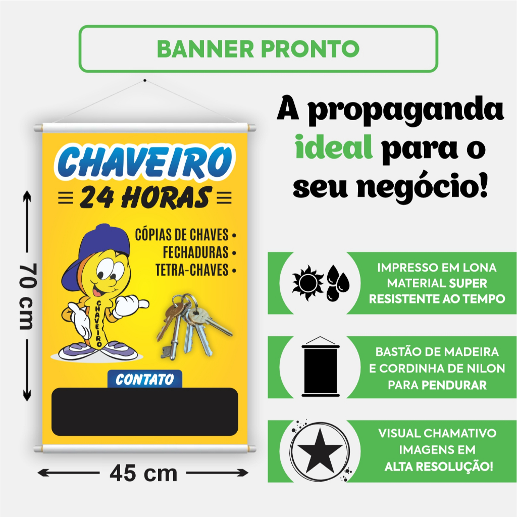 Banner Pronto Chaveiro 45x70cm Comércio Loja Propaganda Divulgação Aqui Tem Cópia Chaves Faixa Placa
