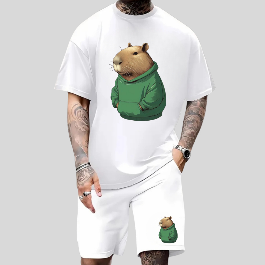 Conjunto Camisa Masculina Capivara Moletom + Bermuda de Praia Piscina Adulto Ou Infantil