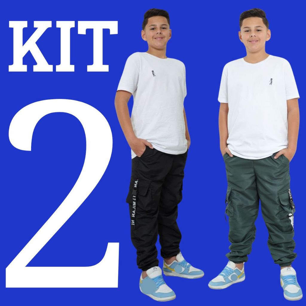 KIT 2 Calça Infantil Menino Jogger Com 4 Bolsos Cargo Tecido Tactel Estiloso 4 Cores Skate Street Calca Masculina