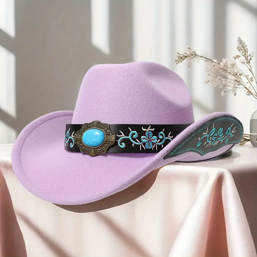 CHAPÉU LUZ ROXA Fedora Elegante  Feminina com Cinto Bordado  - Chapéu de Cowboy de Poliéster Leve para Casamento