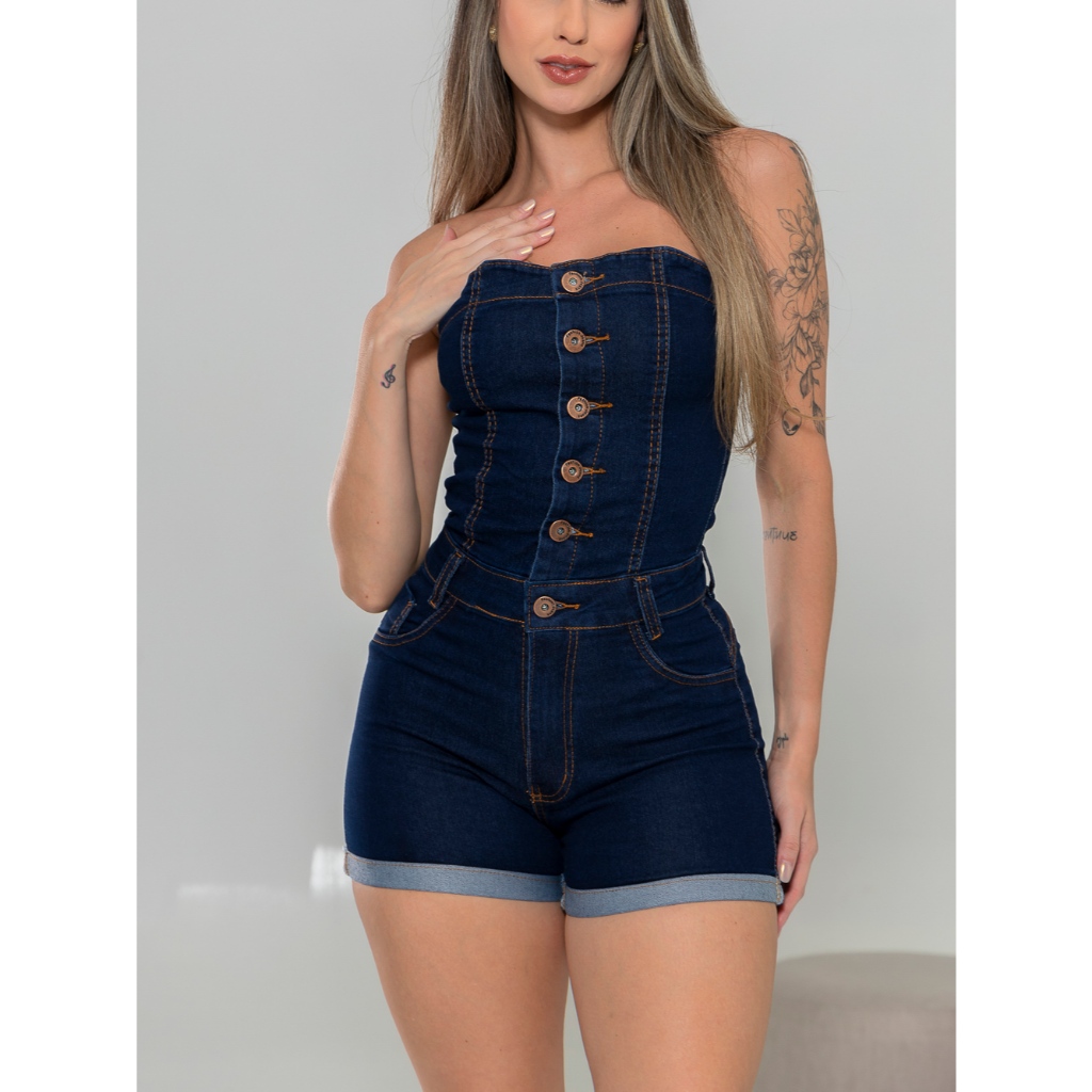 macaquinho  Jeans Feminina Tomara Que Caia Lycra Com Bortao