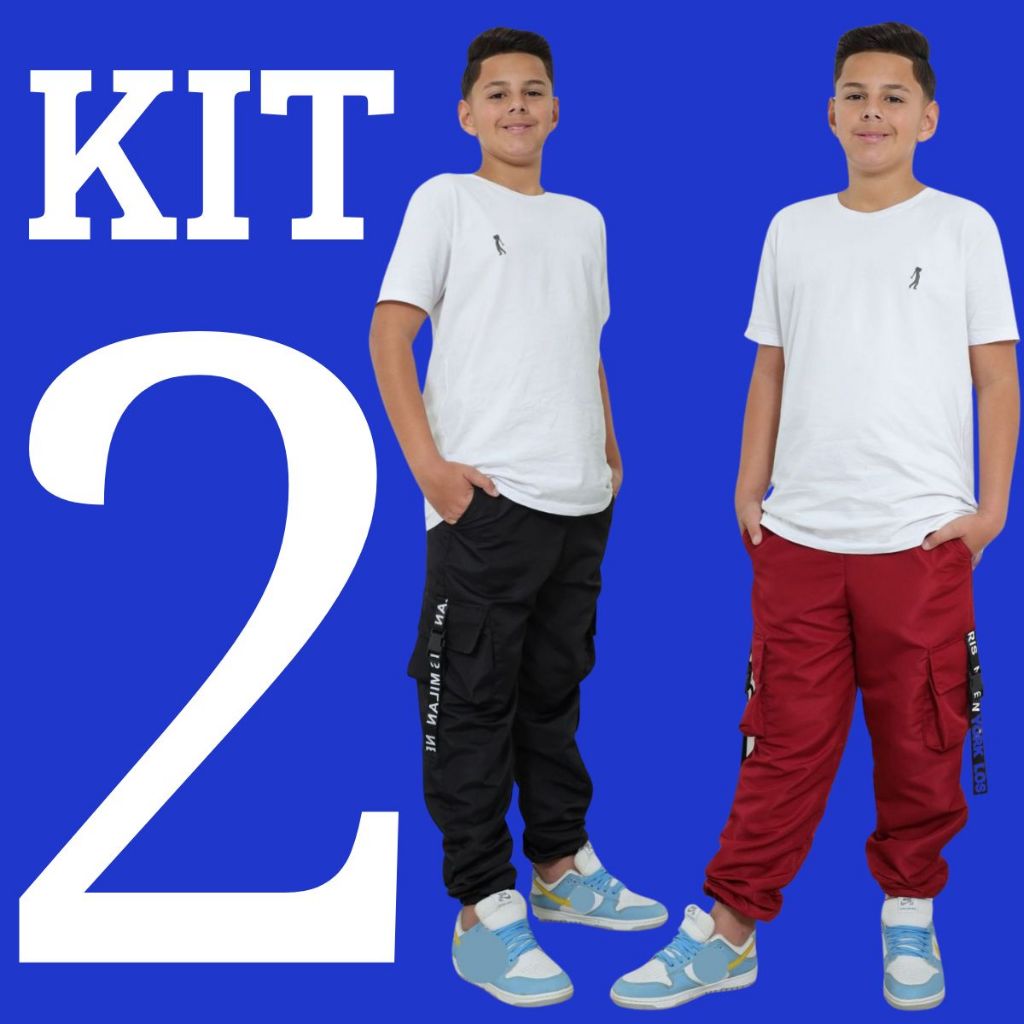 KIT 2 Calça Infantil Moda Masculina Menino Tactel Jogger Blogueiro Bolsos Cargo Fita Moda Gringa Europa T em Oferta na Shopee