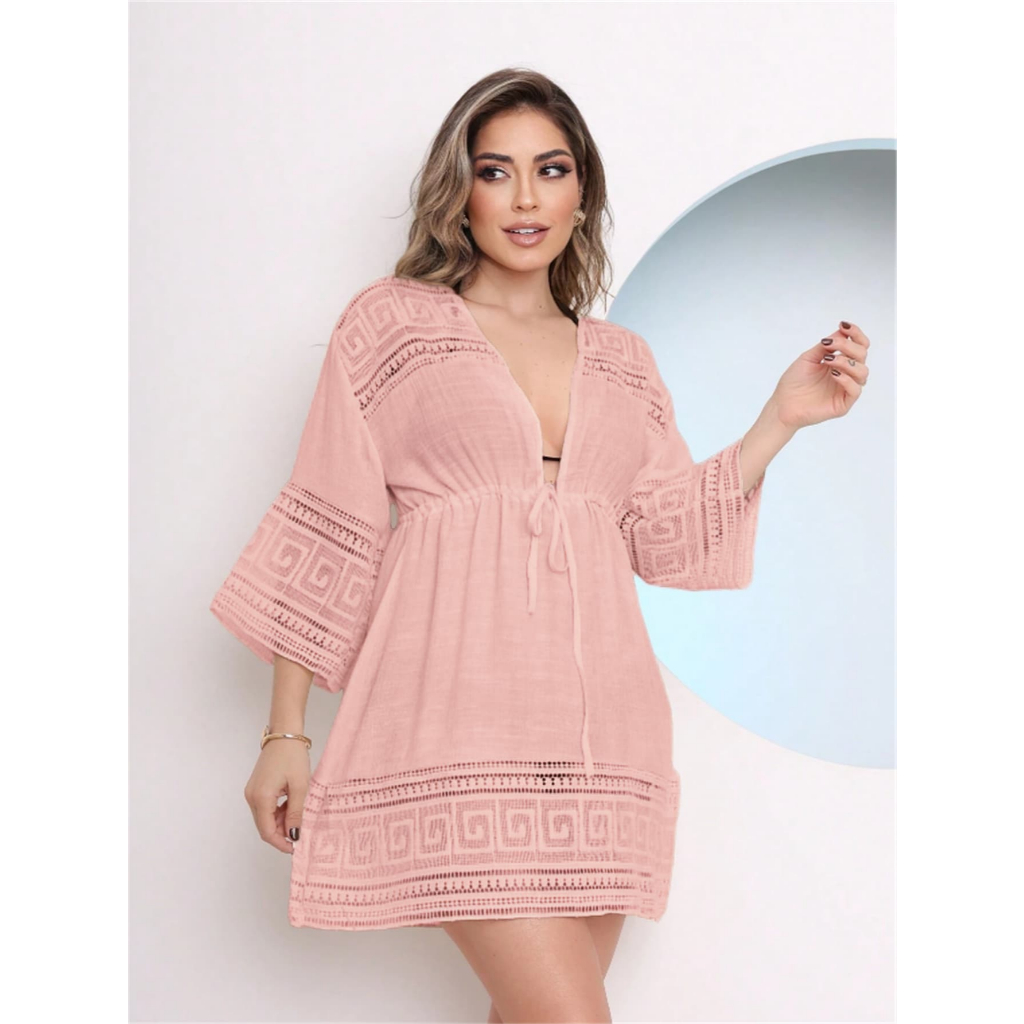 Saída de Praia Feminina Curta Kimono com Renda e Amarração em Oferta na Shopee