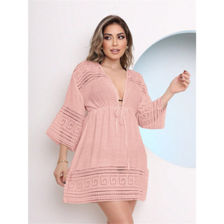 Saída de Praia Feminina Curta Kimono com Renda e Amarração em Oferta na Shopee