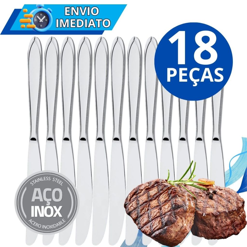 KIT 18 Talher Faca 100% Aço Inox Polido Resistente para Casa Cozinha Restaurante Bar Buffet Chuurascaria