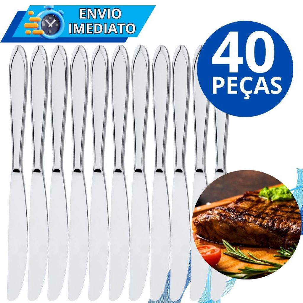 KIT 40 Talher Faca 100% Aço Inox Polido Resistente para Casa Cozinha Restaurante Bar Buffet Chuurascaria