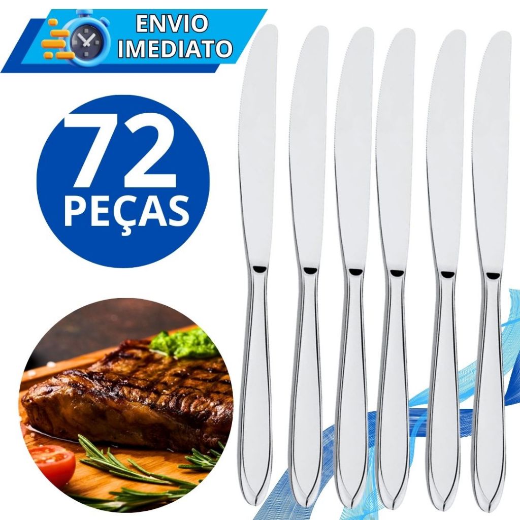 KIT 72 Talher Faca 100% Aço Inox Polido Resistente para Casa Cozinha Restaurante Bar Buffet Chuurascaria