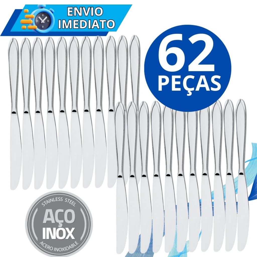 KIT 62 Talher Faca 100% Aço Inox Polido Resistente para Casa Cozinha Restaurante Bar Buffet Chuurascaria