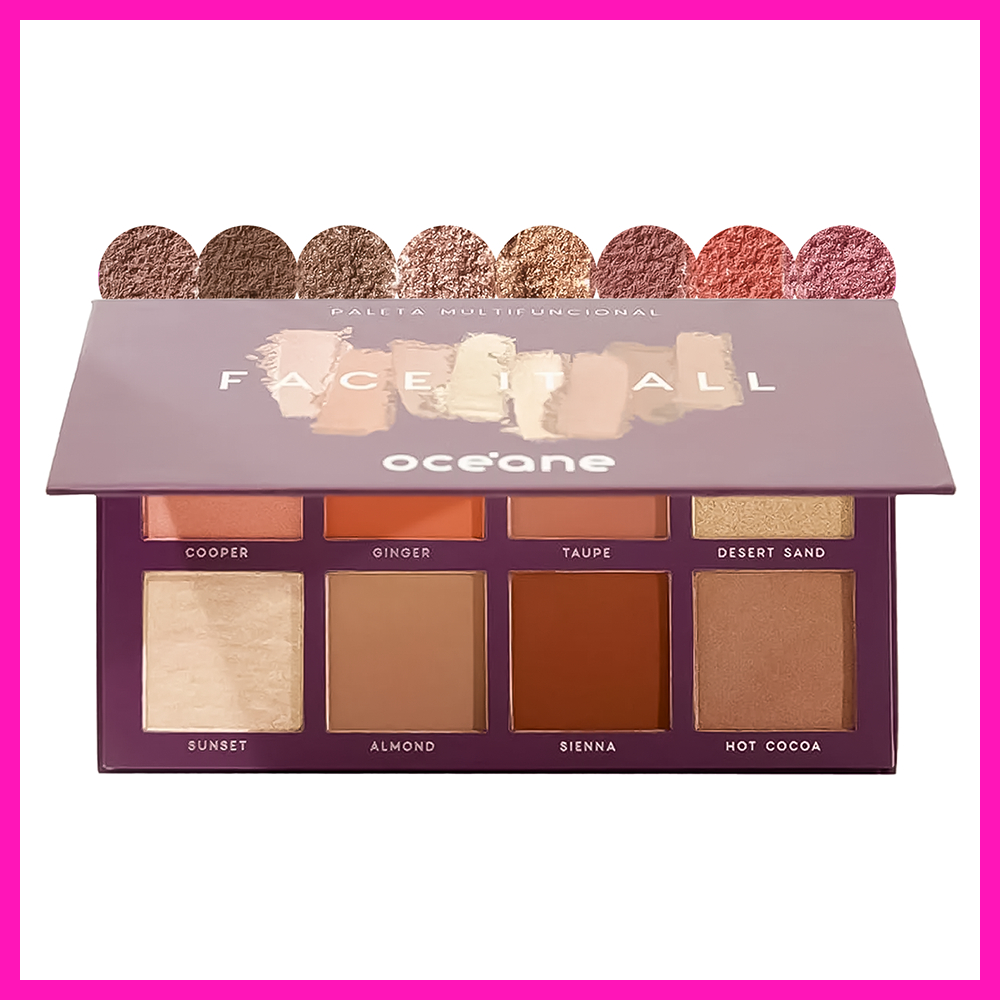 Paleta multifuncional Océane Face It All na cor Purple, aberta, exibindo 8 tons de maquiagem com nomes como Sunset, Almond, Sienna, Hot Cocoa, Cooper, Ginger, Taupe e Desert Sand.