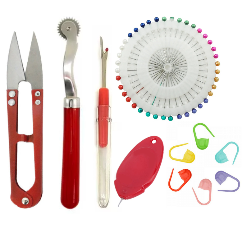 Kit Completo de Costura Tesoura Arremate Passa linha Abridor de casa Carretilha Marca Ponto 40 Alfinetes em Oferta na Shopee