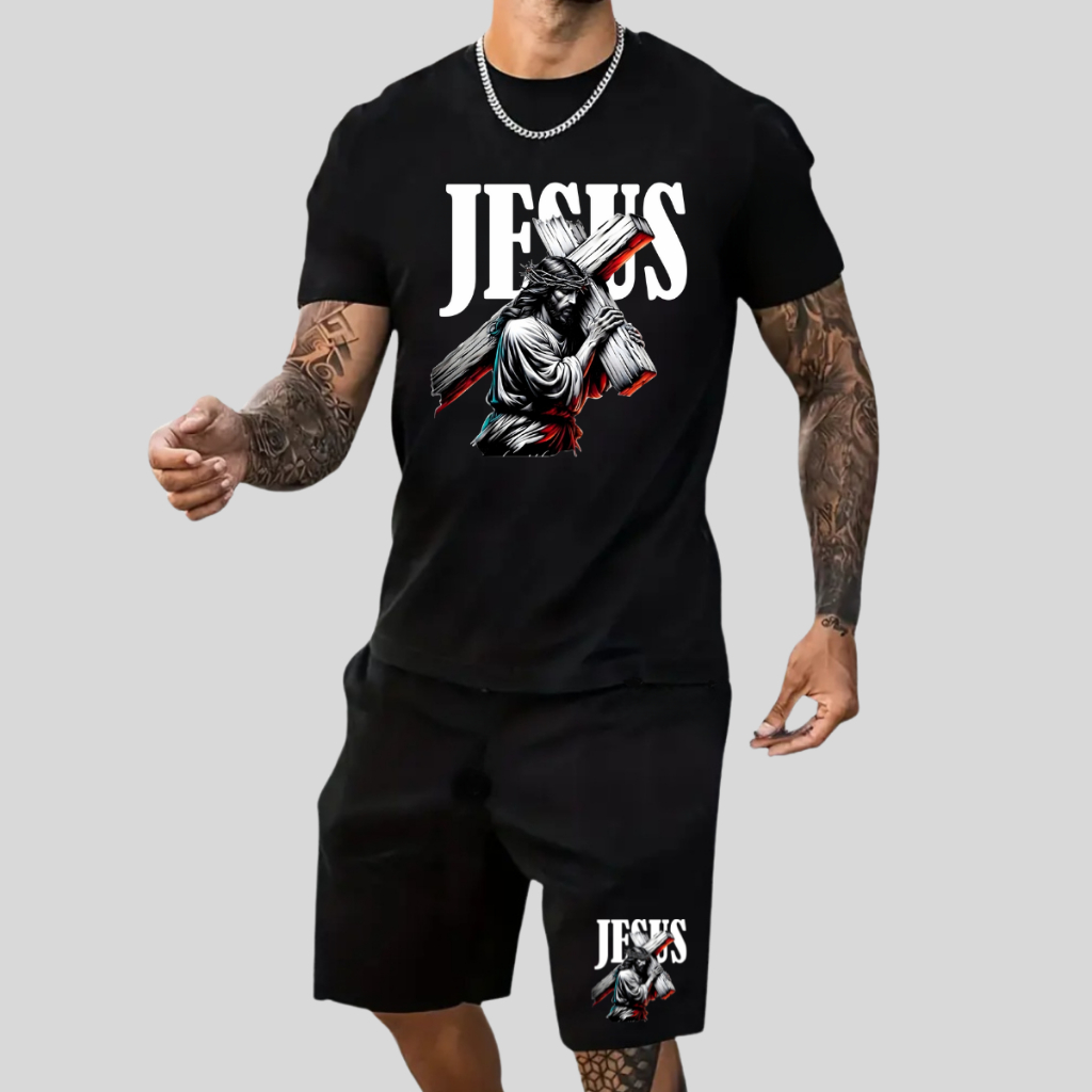 Conjunto Masculino Camiseta Gospel + Short Praia Piscina Adulto Ou Infantil lançamento lançamento