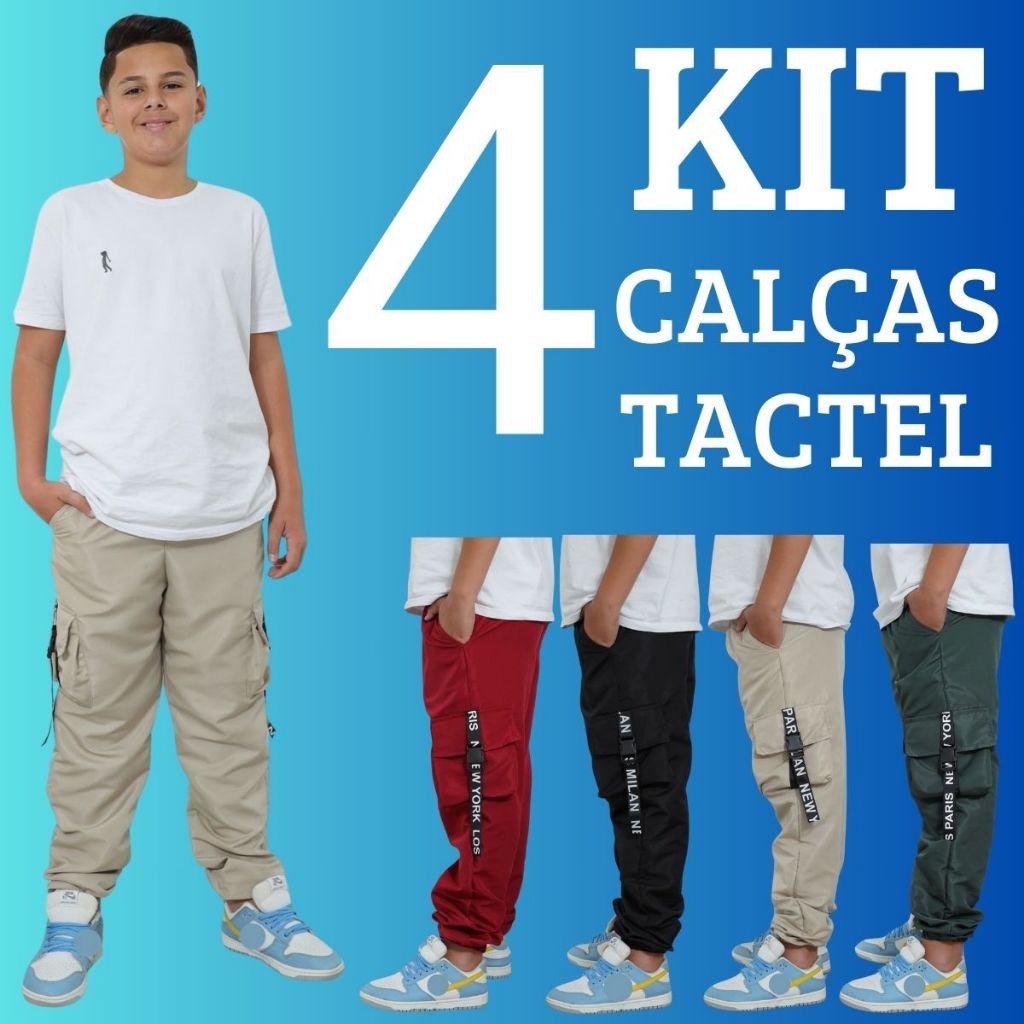 KIT 4 Calças Para Meninos Juvenil Infantil Calça Jogger Calça Cargo 4 Bolsos Detalhes Com Fitas e Travas Moda Infantil T em Oferta na Shopee