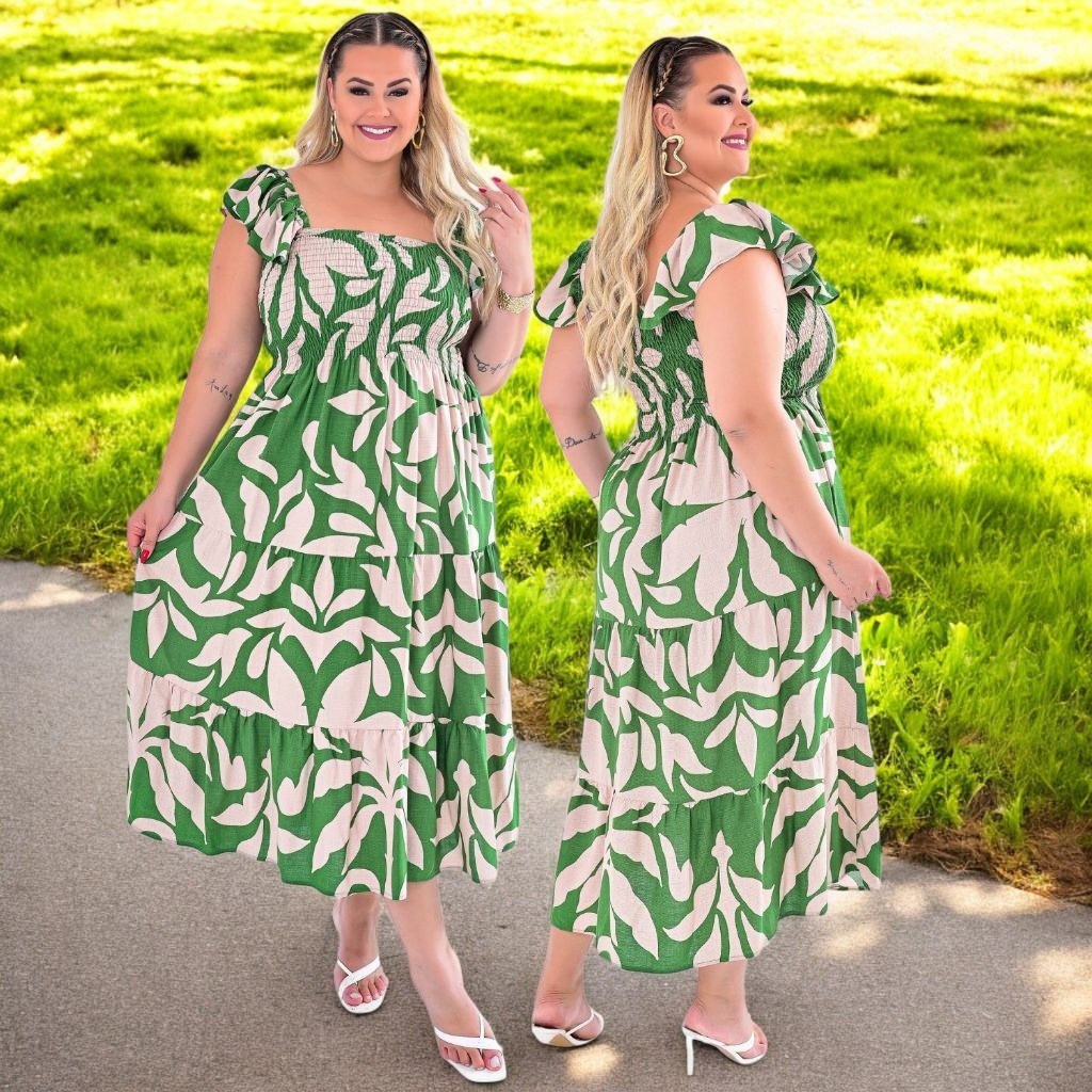 Vestido Midi Estampado Plus Size Elegância E Conforto Tendência Moda G - GG - XG Sofia
