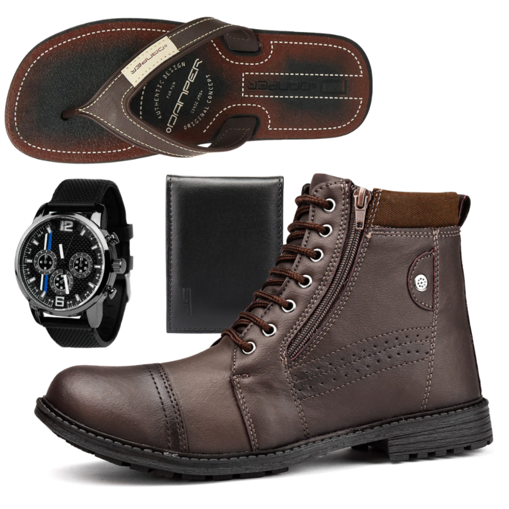 Bota Coturno Adventure Tratorada Preto Com Chinelo Danper Relógio e Carteira