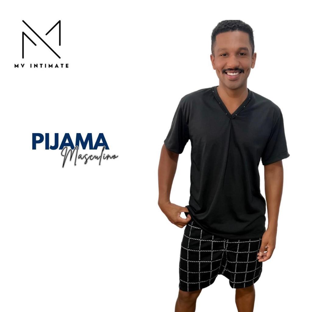 Pijama Masculino Adulto Malha Pv Manga Curta e Short Xadrez