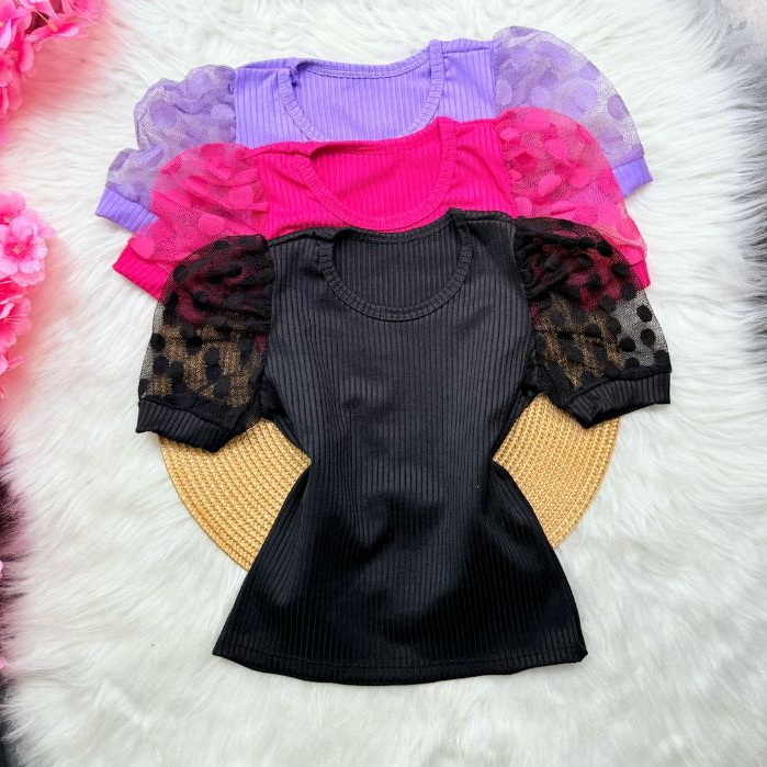 KIT Blusa infantil Manga Tule Princesa Bufante /Blusinha Tule Canelada Manga Curta