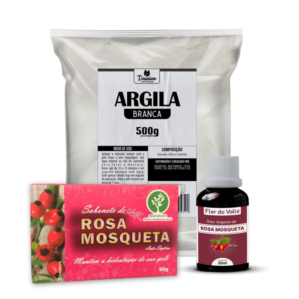 kit Clareador Argila Branca 500g + Sabonete Rosa Mosqueta + Óleo de Rosa Mosqueta Rubiginosa em Oferta na Shopee