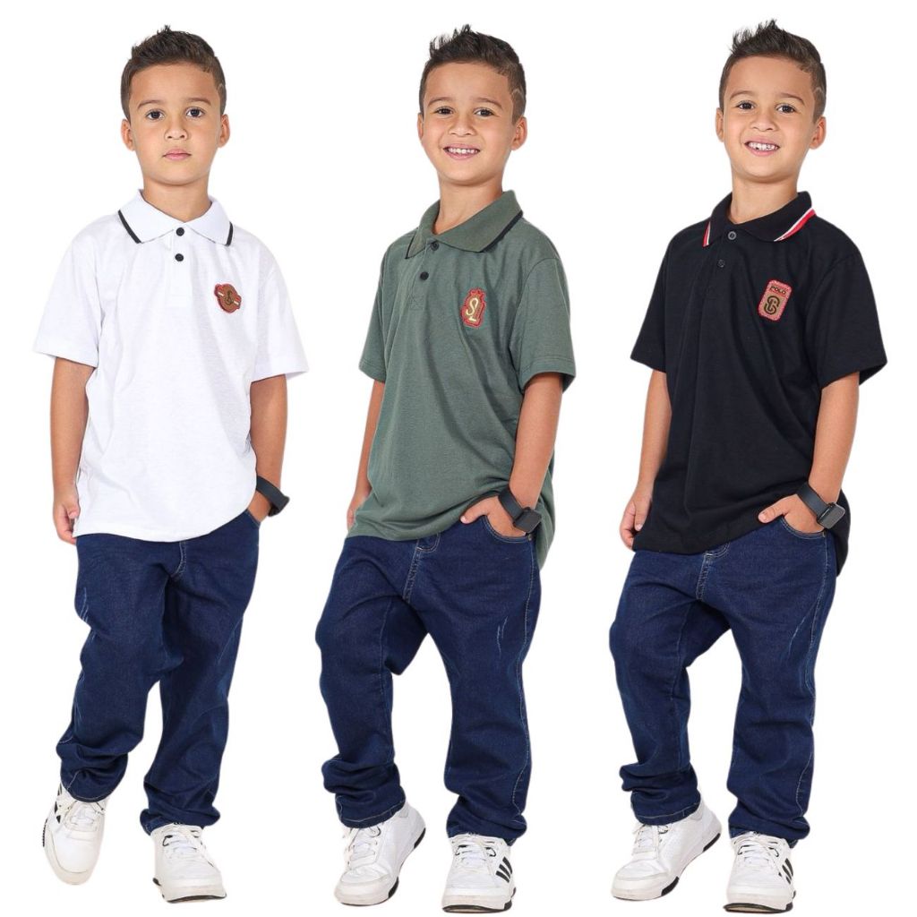 kit 3 Camisa Camiseta Infantil Masculino Gola Polo Manga Curta Malha Algodão Fio 30 Casual Lisa Basica