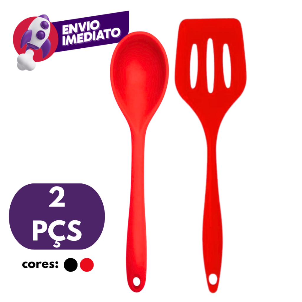 Kit Colher Arroz E Espátula Vazada Em Silicone Maciço Multiuso Para Panelas Teflon Ceramico