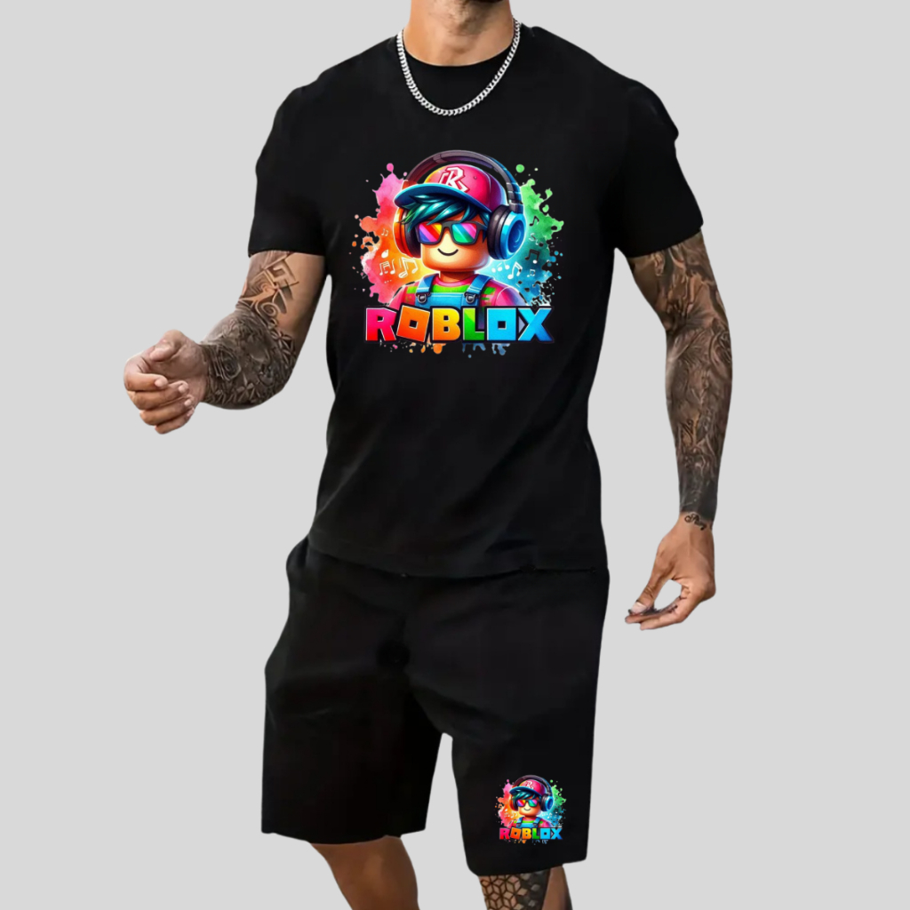 Conjunto Masculino Camiseta Roblox + Bermuda Tactel Adulto Ou Infantil lançamento lançamento