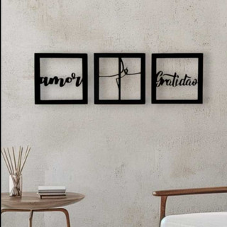 Kit Quadros Decorativos Fé Amor Gratidão 3 Peças Mdf Preto Quadros Quarto Sala Decoração