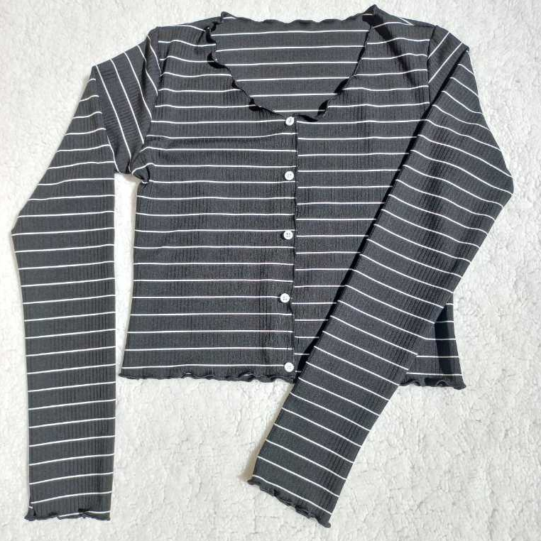 Blusa Canelado Liso, Casual,  Canelado Com Frufru Manga comprida y botões / canelado listrado