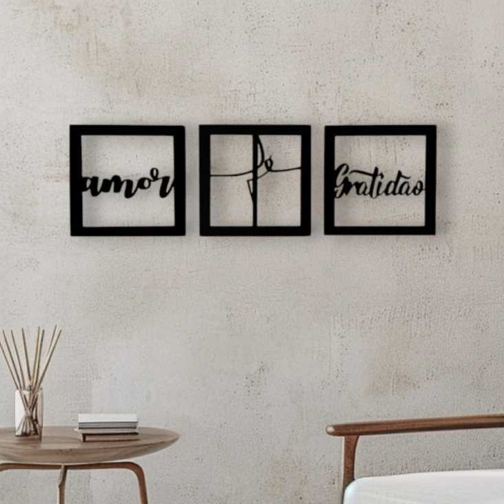 Kit 3 Quadros Decorativos Vazados Fé Amor Gratidão Mdf Preto Quadros Quarto Sala Decoração Religioso