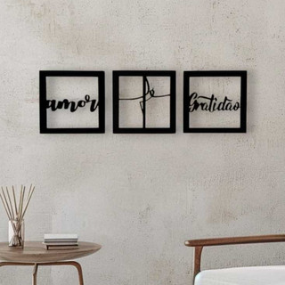 Kit 3 Quadros Decorativos Vazados Fé Amor Gratidão Mdf Preto Quadros Quarto Sala Decoração Religioso