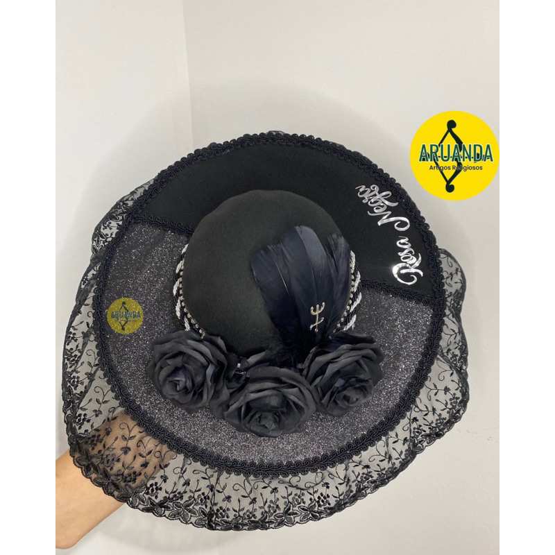 Chapéu de pomba gira Rosa negra com véu e brilho na aba