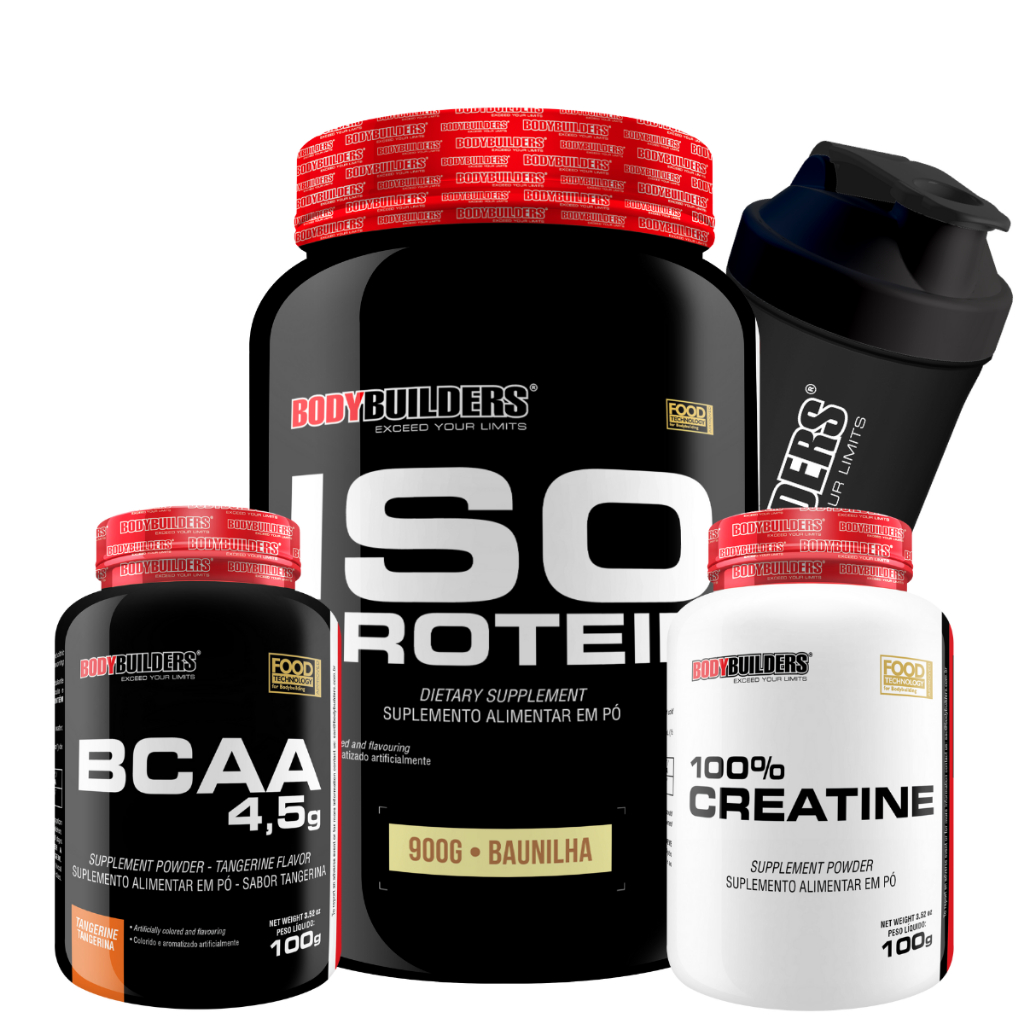 Kit Iso Protein 900g + BCAA 100g + Creatina 100% Pura 100g + Coqueteleira - Bodybuilders