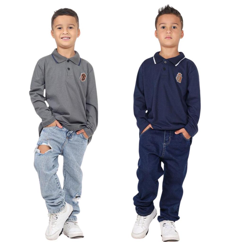 kit 2 Camisa Camiseta Infantil Masculino Gola Polo Manga Longa Malha Algodão Casual Lisa Basica