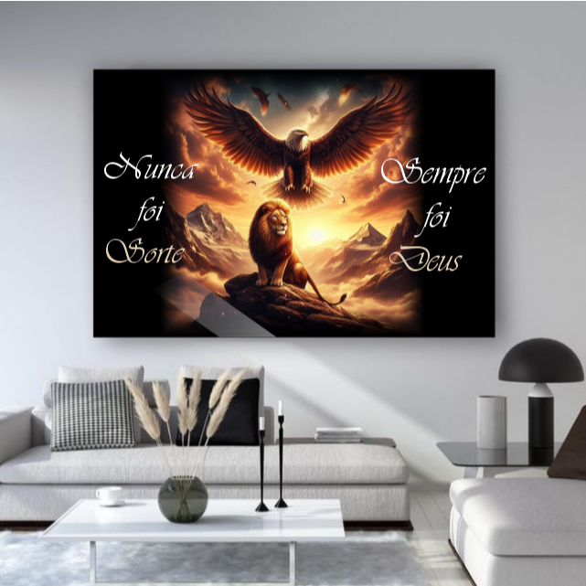Quadro Decorativo Leão de Judá Águia Nunca Foi Sorte Sempre Foi Deus Jesus Arte Sala Hall Cozinha 60x40cm